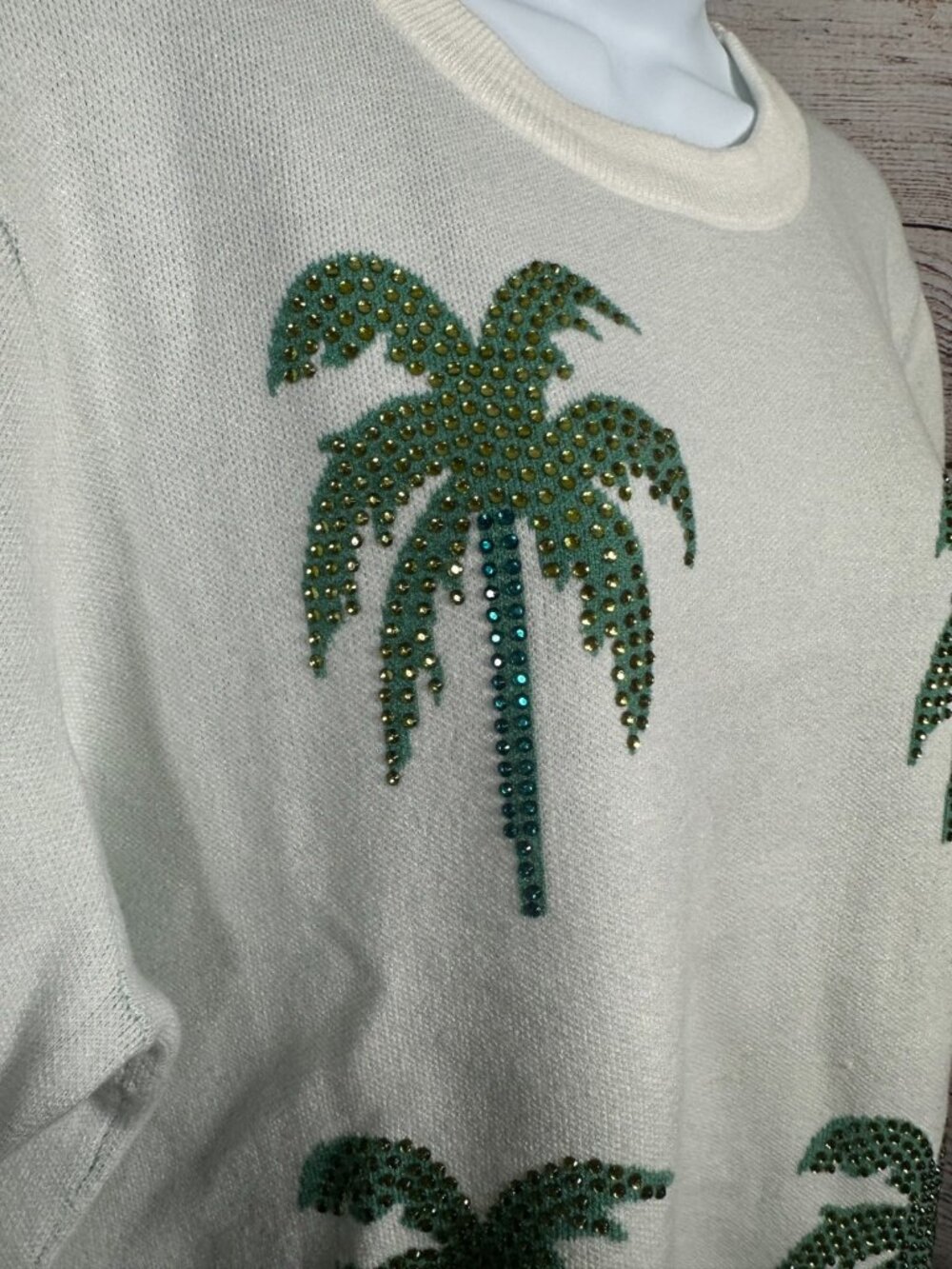 Cato Palm Tree Sweater XL Top Embellished Tropical Beige Short Sleeve NWT - Picture 4 of 11